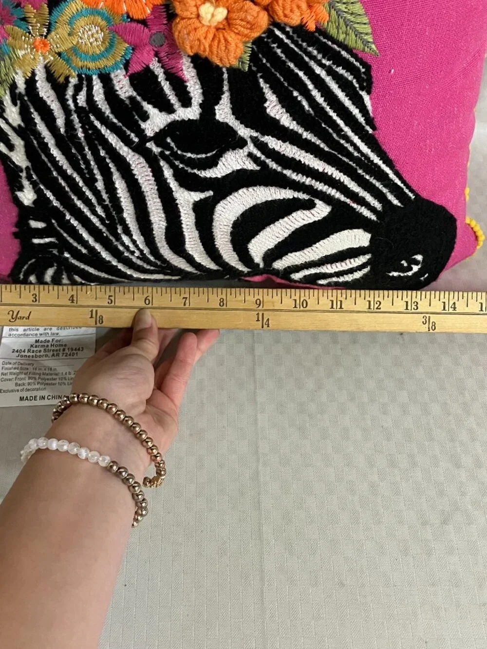 Karma Home Throw Pillow 16x16 Inch Multicolor Zebra Floral Embroidered Pom Trim